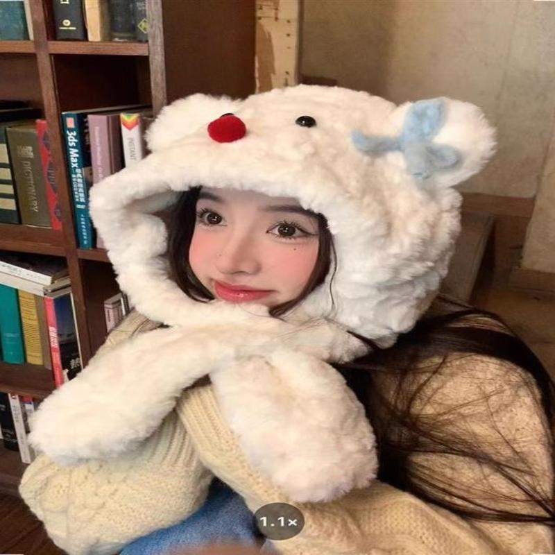 Cute Snowman Hat With Bow Thickened Lei Feng Hat Autumn And Winter Hat Neck Warmer Ear Flap Hat Cute Pullover Hat