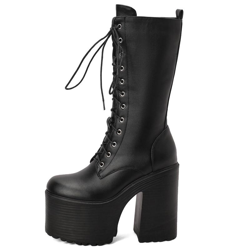 Stivali da Donna Sexy con Plateau a Metà Polpaccio Inverno Stripper Gotico Punk Tacchi Stivale per Donna Stringati Nero Bianco Scarpe Feticcio Taglia Grande