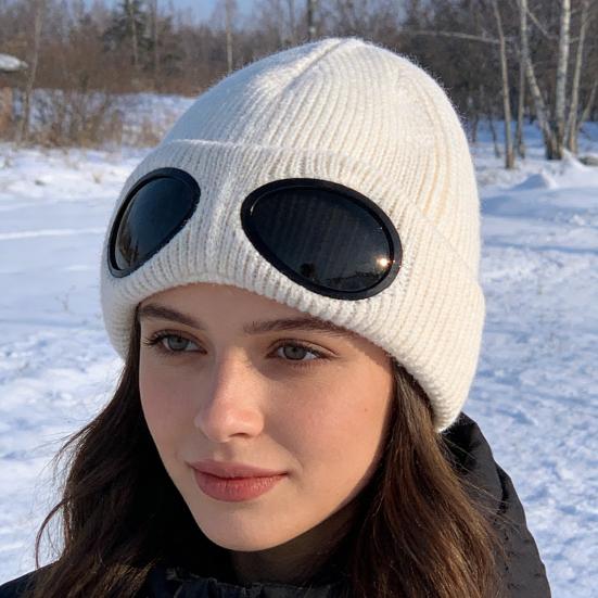 Strickmütze Einfarbig Warme Strickmütze mit Brillen-Dekor Elastisch Winddicht Wintermütze Outdoor Reisen Radfahren Tägliches Tragen