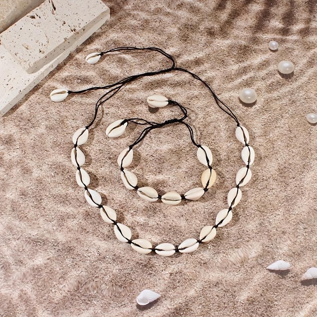 Fashion Handmade Braided Shell Necklace Bracelet 2pcs Set Bohemian Women's Versatile Necklace Beach Resort Style Clavicle Chain