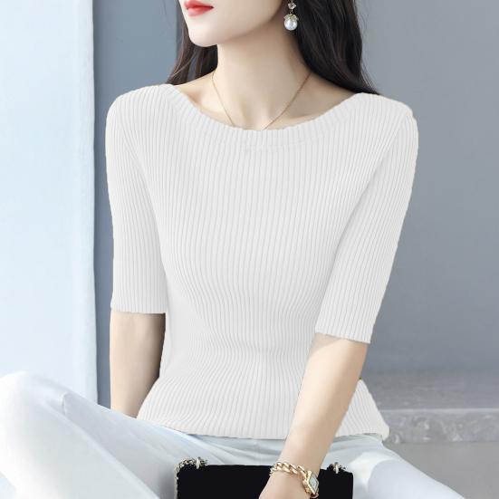 Dámské topy Slim Fit Jednobarevné Žebrované Tričko Kulatý Výstřih Poloviční Rukáv Elastický Pulovr Topy Pro Každodenní Nošení