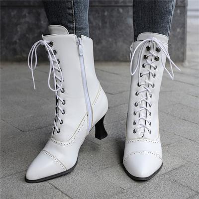 Mode 2025 Nieuwe Veterschoenen Dames Hoge Hak Schoenen Vreemde Steampunk Laars Victoriaanse Enkellaarsjes Vrouwen Puntige Neus Dikke Zool Korte Laarzen
