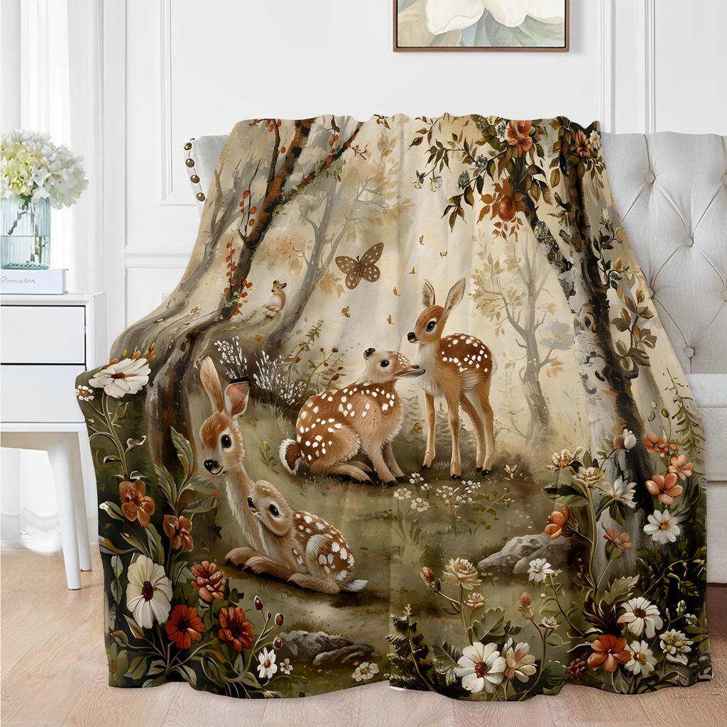 Cozy Forest Deer Print Blanket - Warm, Skin-Friendly Flannel Throw for All Seasons, Ideal for Home, Travel, and Camping, Perfect Gift for Fa