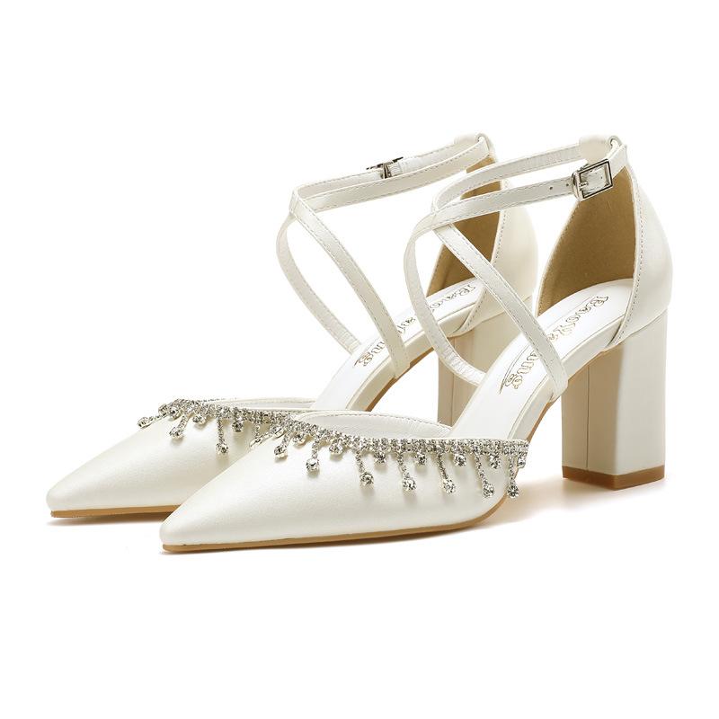 Fashion Women White Princess High Heels Pointed Toe Chunky Heel Cross Strap Lace Up Wedding Shoes Hollow Out Design Large Size