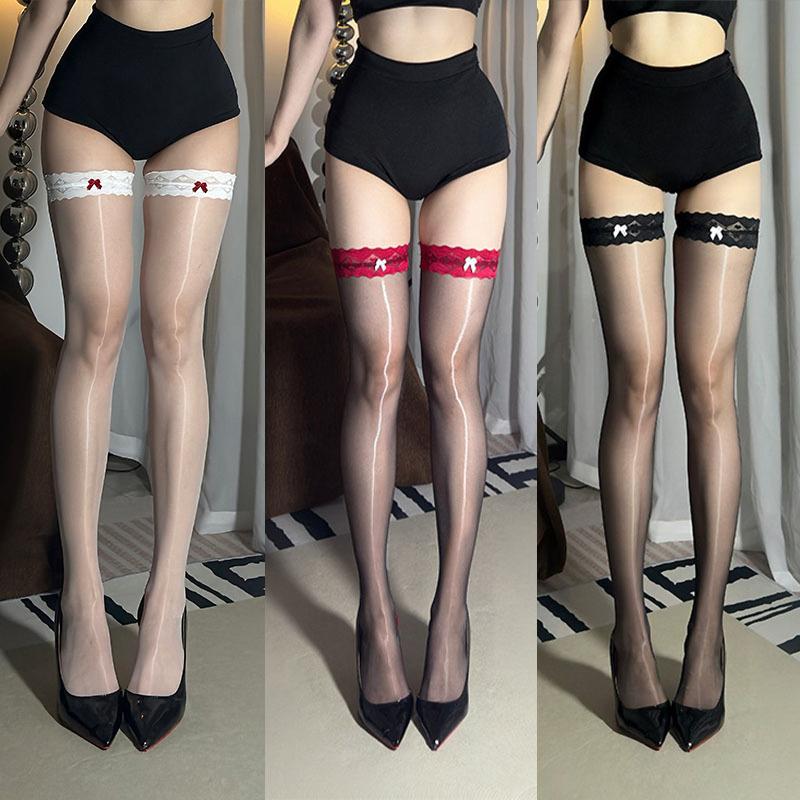 Ultra-Thin Lace-Edged Small Butterfly Knot Silken Long Stockings Women Sexy Over-Knee Leggings Thigh-high Stockings Bare Legs