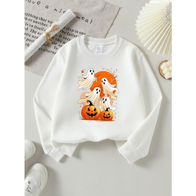 European Sizes Girls' Halloween Long-Sleeve Round-Neck Fun Print Casual Top, Kids' Autumn Clothing, for Trick-Or-Treat Parties.