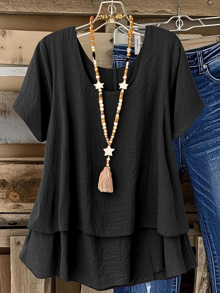 Nuova Blusa Larga da Donna Taglie Forti in Cotone e Lino con Scollo Rotondo - Colore Unito