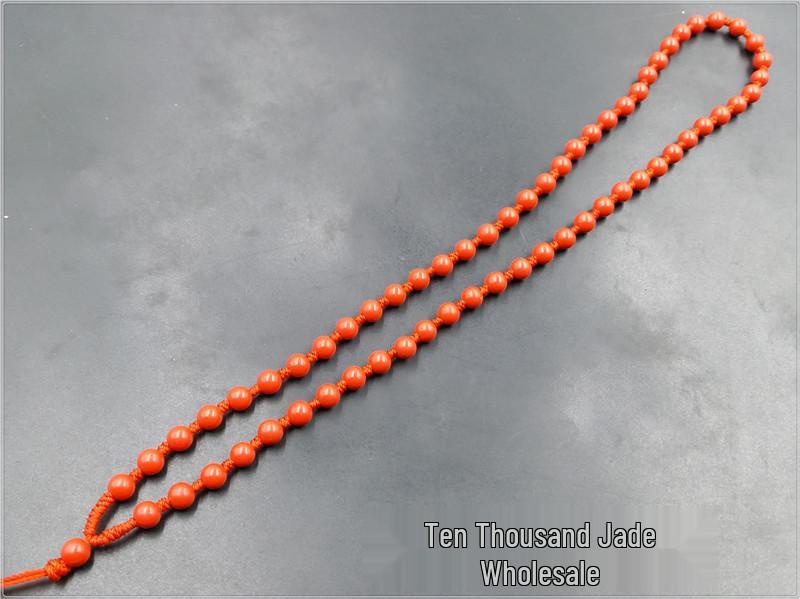 Jade Red Cinnabar Round Bead Necklace with Handwoven Cord