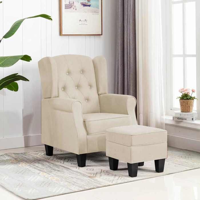 VidaXL Fauteuil avec repose-pied Crème Tissu