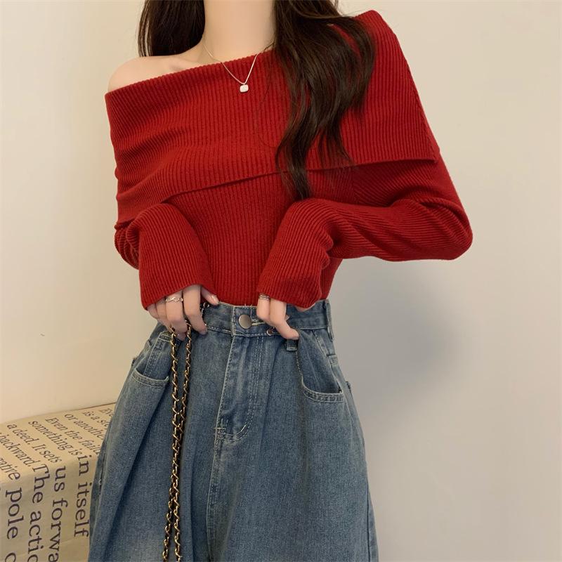 Women's One-Shoulder Autumn Knitted Sweater: 2024 Slim-Fit, Long-Sleeve Top
