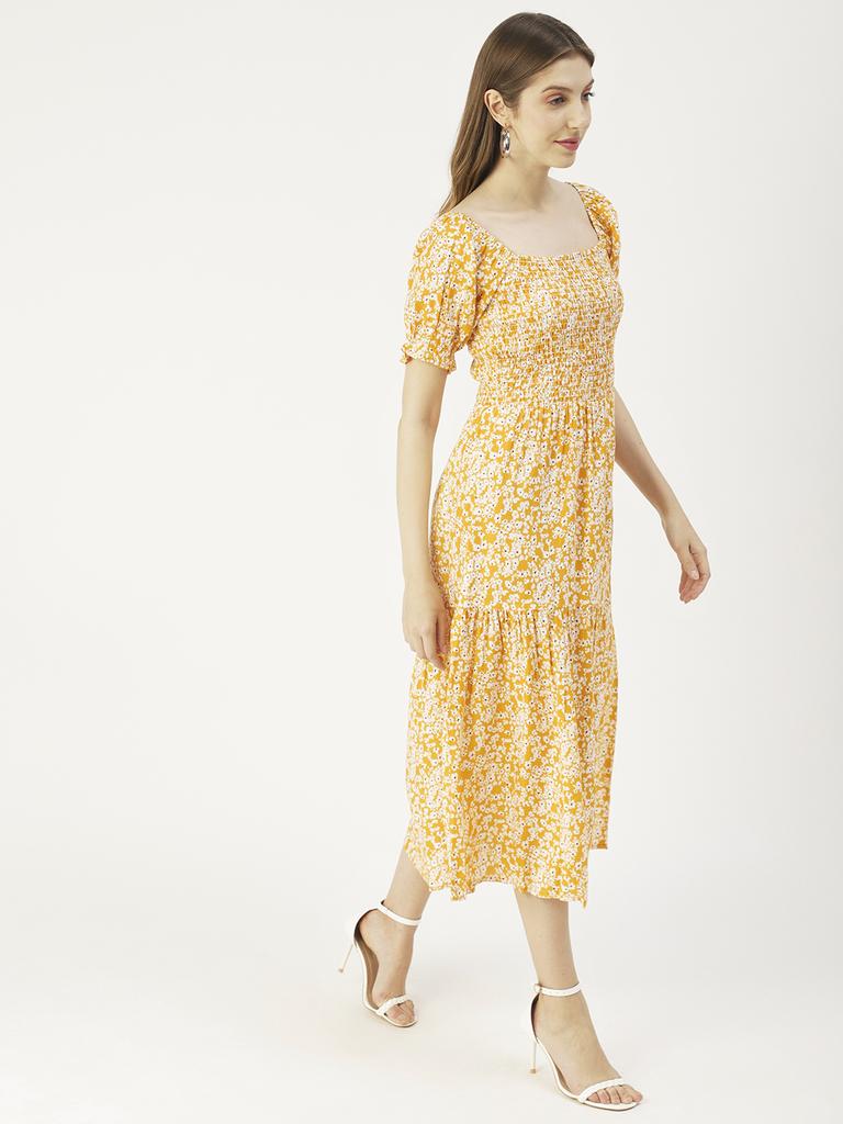 Moomaya Printed Viscose Rayon Summer Dress, Square Neck Smocked Long Dress