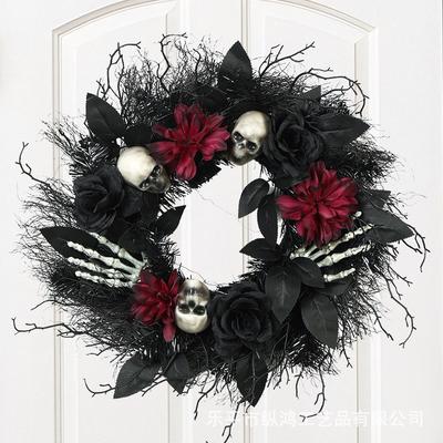 Halloween Wreath Decorative Hanging Ring With Dried Branches Artificial Roses Door Wall Party Decoration