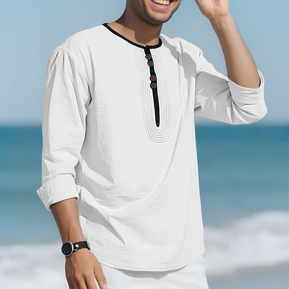 Pánské módní tričko s límečkem henley 95% len s dlouhým rukávem podzimní volné ležérní prošívané tričko pánské oblečení
