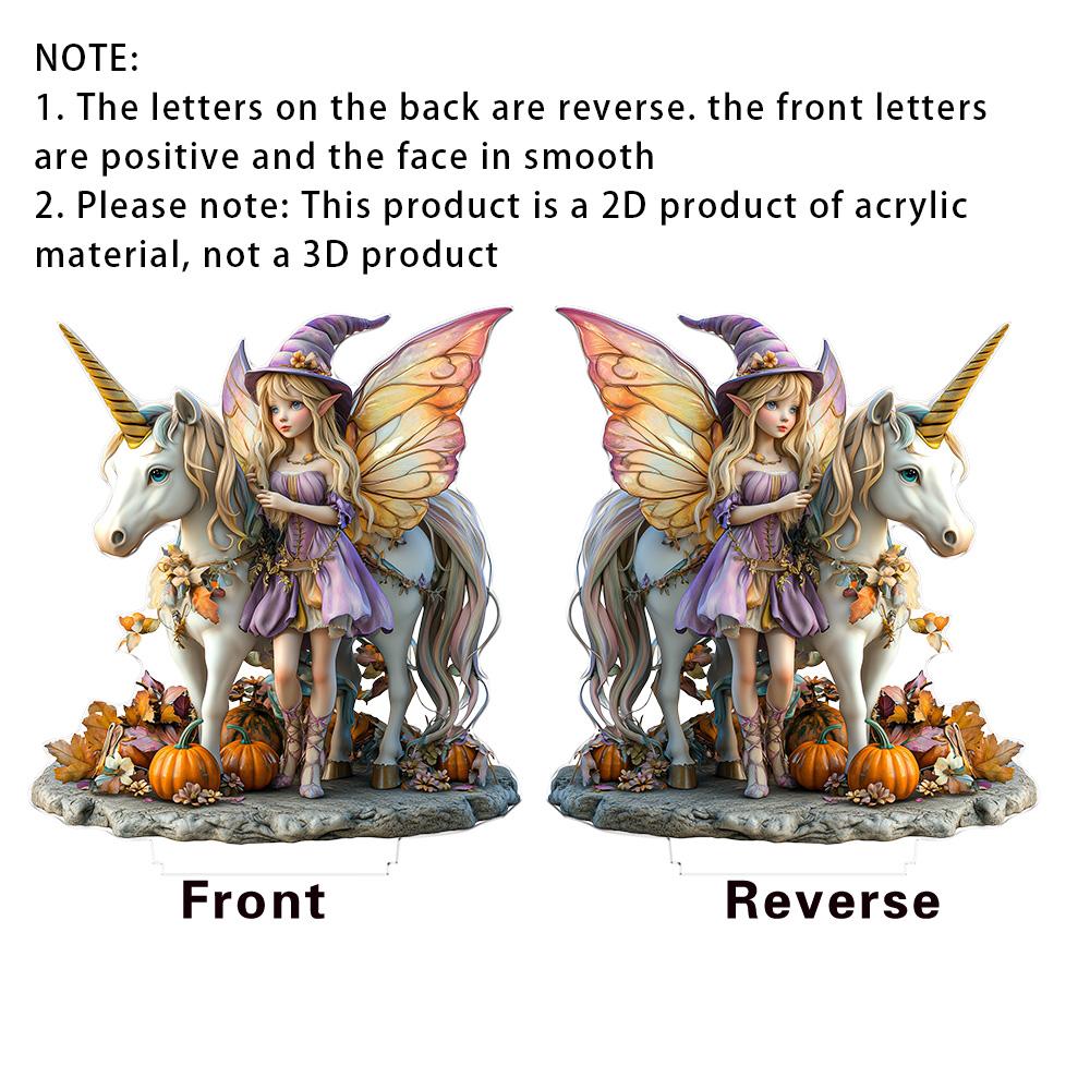 Halloweenská víla jedoucí na jednorožci 2D akrylová domácí stolní sváteční dekorace, Halloweenský dárek pro rodinu a přátele