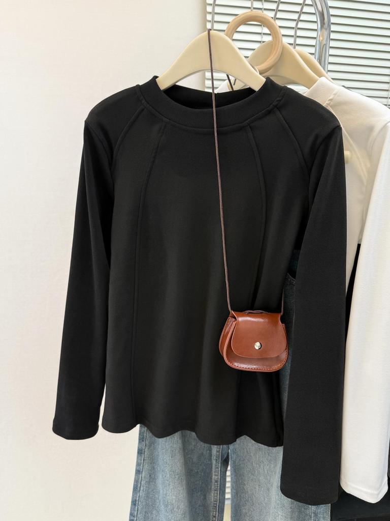 Women's Loose Fit Thermal Fleece T-Shirt - Solid Color, Round Neck, Long Sleeve, Korean Style for Autumn and Winter