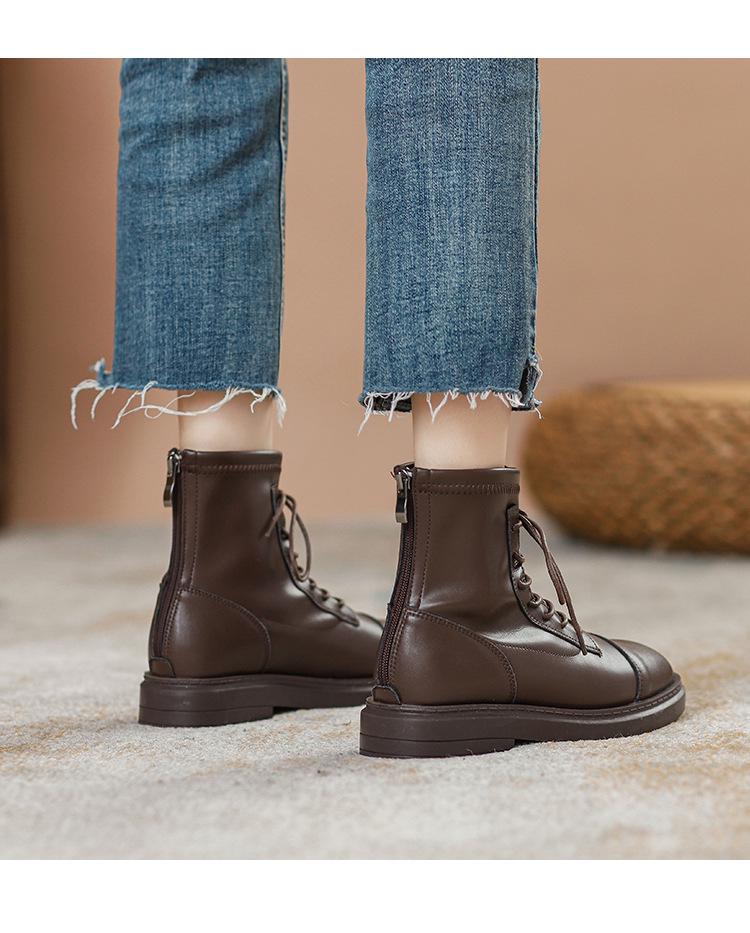 Bottes Martin style britannique pour femmes 2025: Cuir Véritable, Marron, À Lacets, Semelle Plate, Avec Velours, Bottines Courtes pour Automne/Hiver.