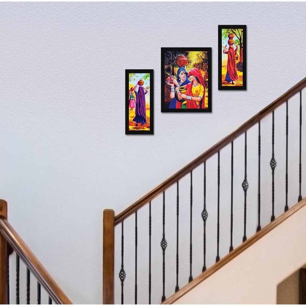 Paper Vastu Indian Village Scene Women Wall Art Painting, Multicolor, Indian Villlage, 13.0 X 22.0 Inches, Set of 3