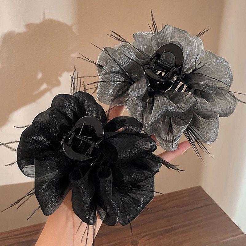 Korean Ribbon Feather Bow Hair Claws for Women Girls Hair Clip Simple Elegant Barrette Black Grab Clip Fashion Hair Accessories