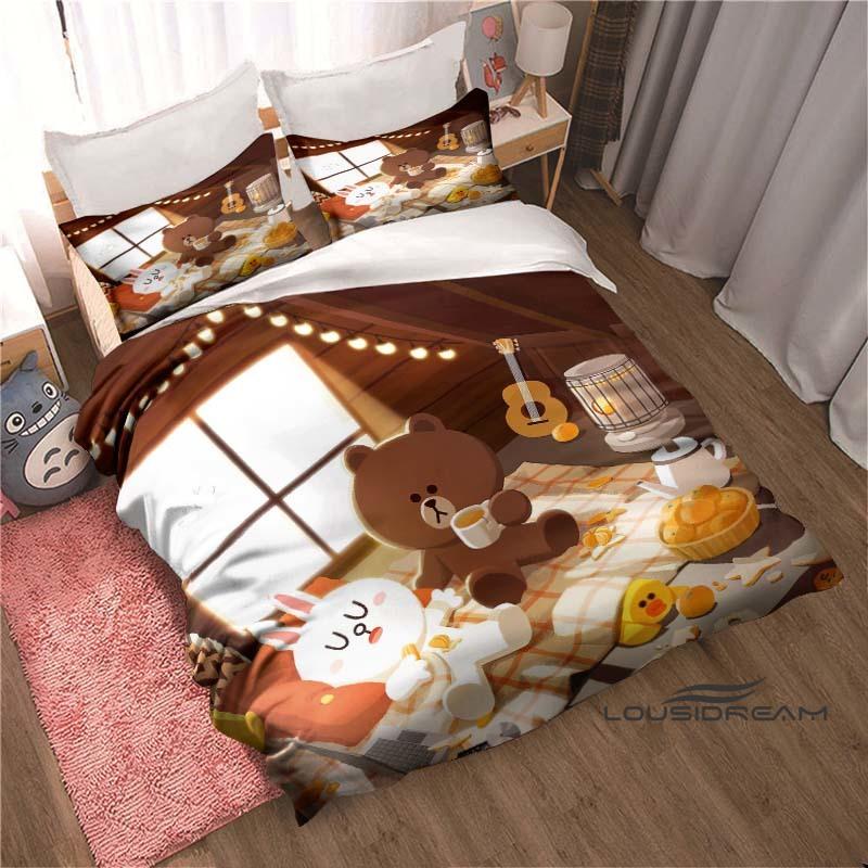 Kawaii Cartoon BROWN & FRIENDS Printed Bedding Set – Duvet Cover Set – A Luxurious Gift for Teen Girls, Suitable for Double/Sing