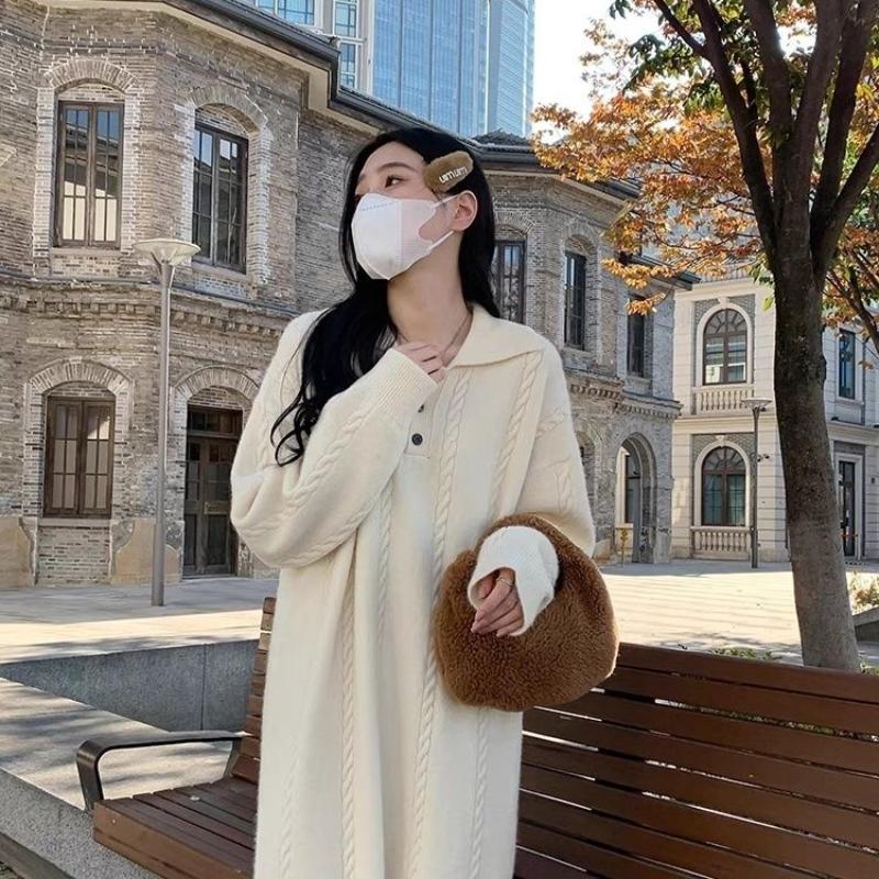 Super Beautiful Woolen Dress Women Autumn and Winter Loose Sweater 2023 New Long Knitted Long Sleeve Pullover Female Dress