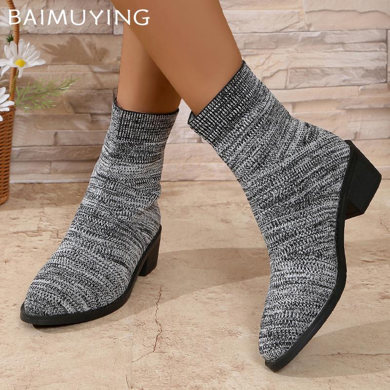 Knitting Women Snow Ankle Boots Designer Mid Heels Shoes Winter Classic Sock Boots Tremd Winter Pumps Goth Botas De Mujer