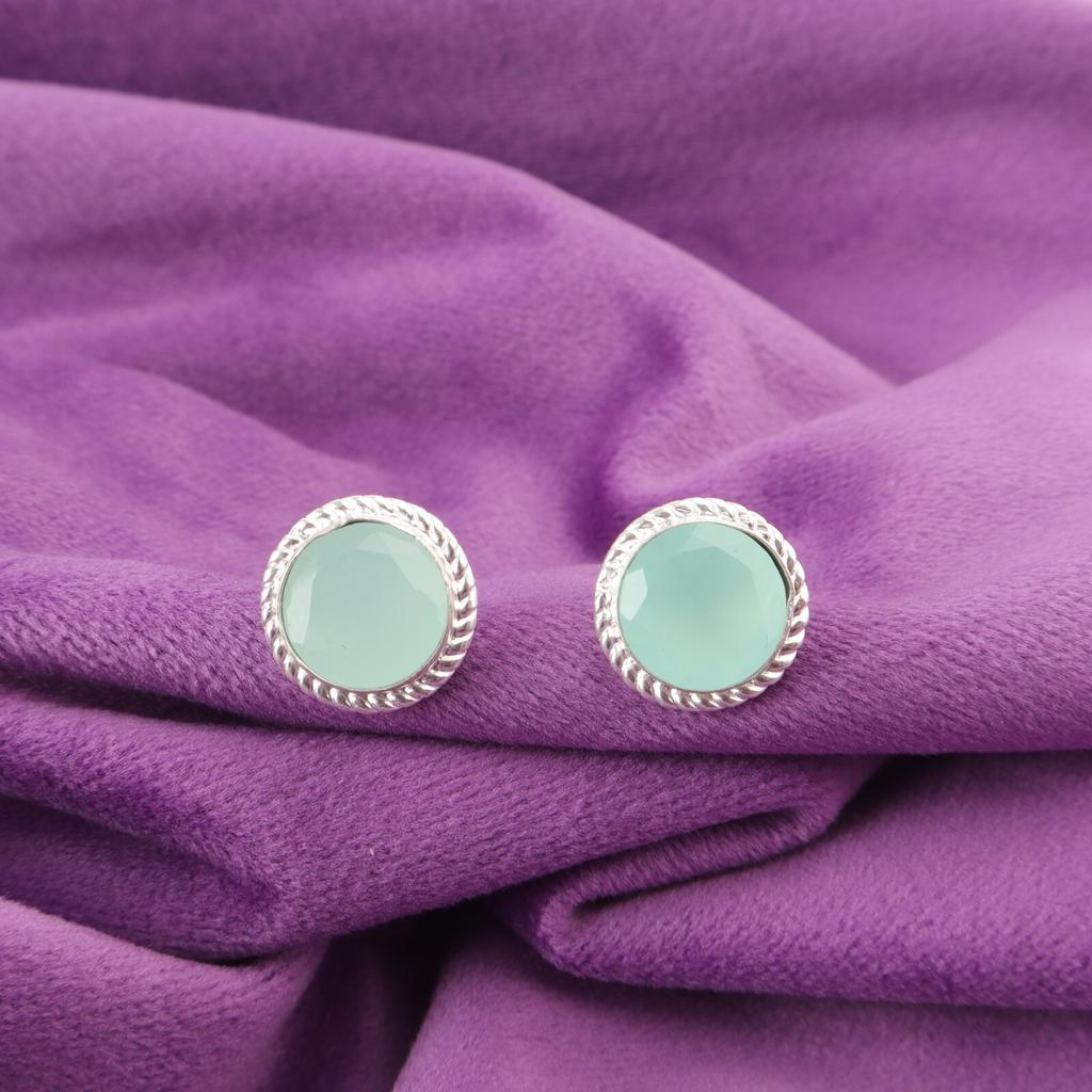 Aqua Chalcedony Gemstone Sterling Silver Stud Unique Best Sisters Gift Earrings EE-147-13