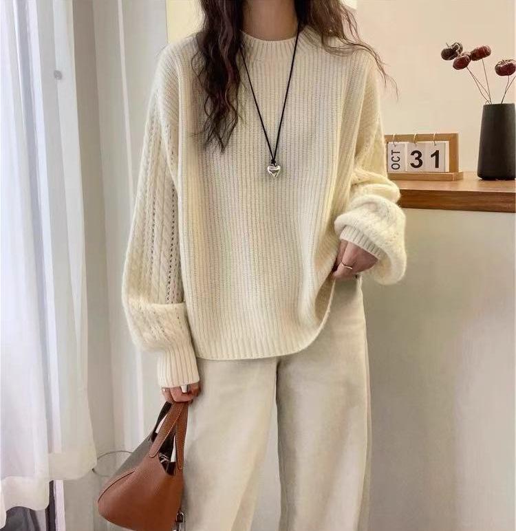 Women's Heavyweight Wool Round Neck Sweater, Autumn/Winter Korean Style, Twisted Cable Knit, Long Sleeve, Warm Cashmere Base Layer