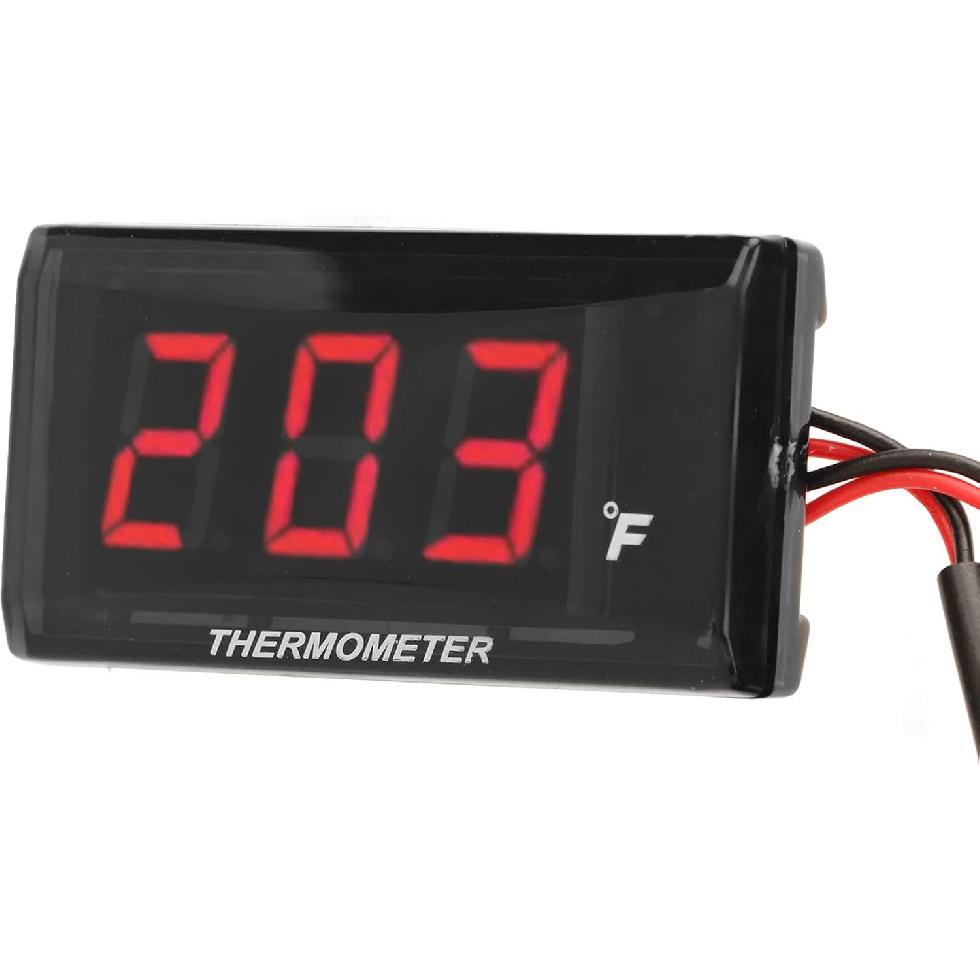 Motorcycle Digital Thermometer, DC 12V Ultra Thin Water Temperature Meter Gauge with 18mm Sensor Adapter and LCD Display, Digital Hygrometer Humidity