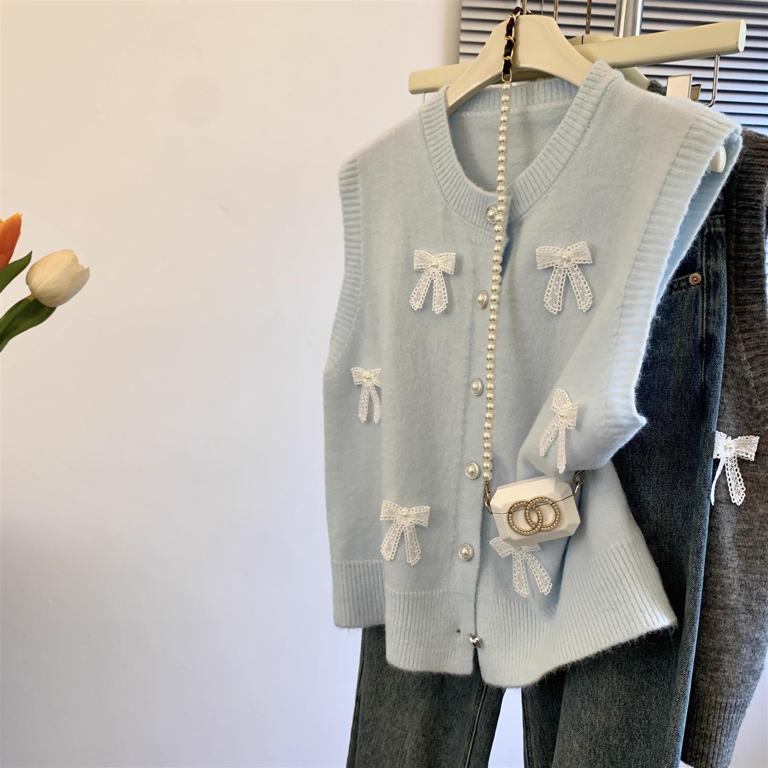 

Blue Bow Knitted Vest Women s Spring Waistcoat Cardigan Sleeveless Top S синій