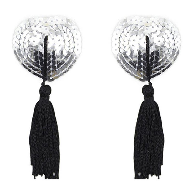 Heart-Shaped Silicone Nipple Covers with Tassels and Sequins - Sexy Lingerie Accessories