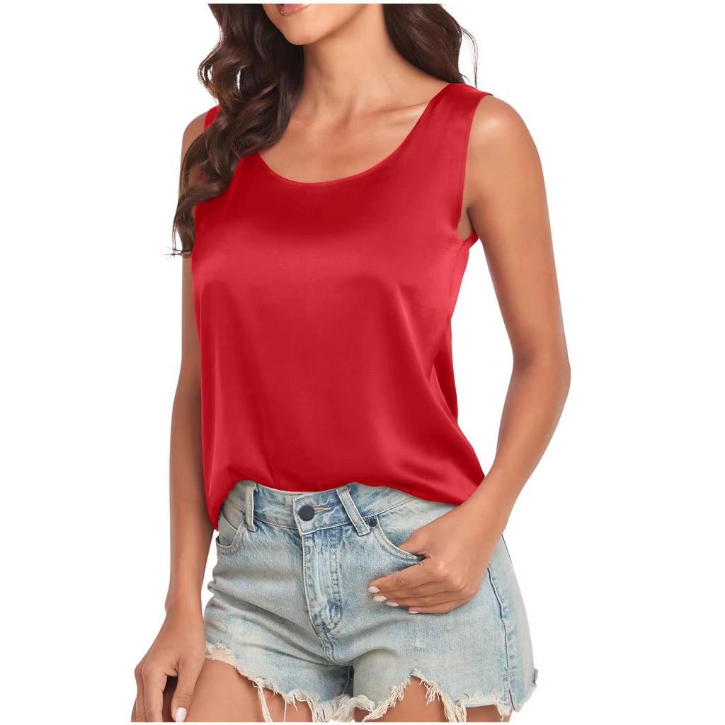 Women's Satin Round Neck Sleeveless Casual Tank Top Solid Color Camisole Blouse