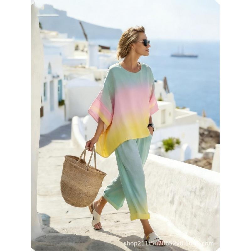 11161D printed bohemian round neck casual suit women's short-sleeved trousers two-piece set