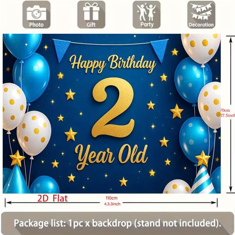 2D Jungen 2. Geburtstag Kulisse, Blaues „Happy Birthday 2 Jahre“ Fotografie Hintergrund mit Luftballons