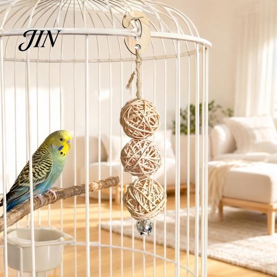 Safe Bird Toy Rattan Balls Parrot Toy, Chew with Metal Bell, Boredom Buster Parakeet Chewing Cage Accessory for Conure Cockatiel Budgies Lovebird Bell