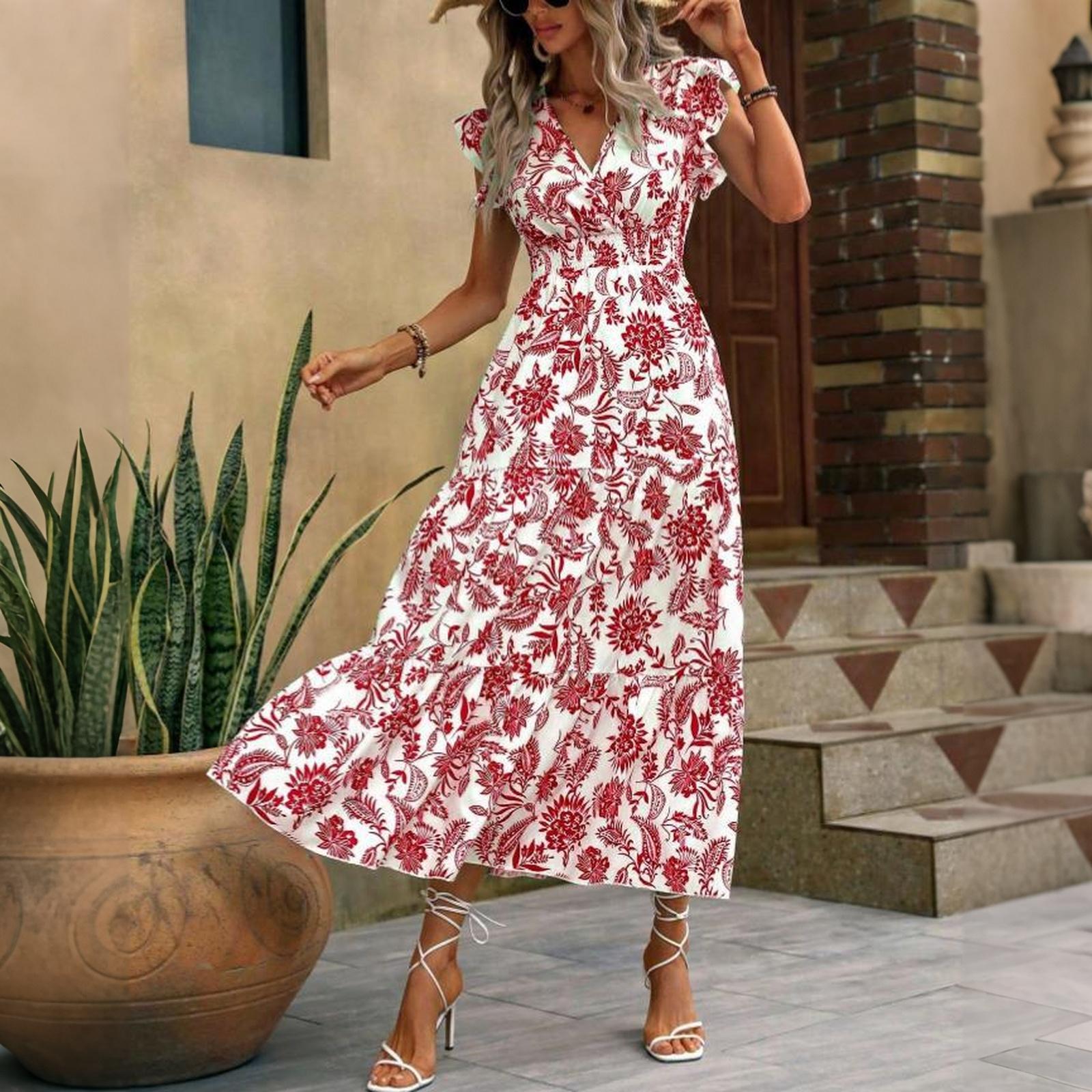 

Bohemian Style Women s Summer V Neck Waist Cinched Floral Print Maxi Dress with Short Sleeves and Ruffled Hem for Casual Wear M червоний