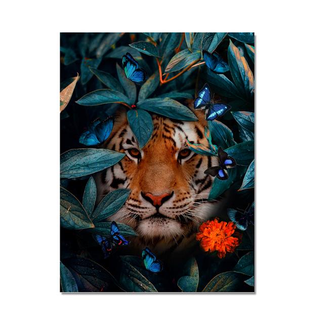 Lion and Tiger Flowers Canvas Painting Animal Cuadros Posters and Prints Nordic Wall Art Pictures for Living Room Home Decor