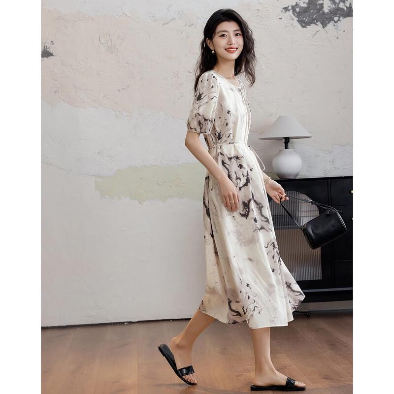 Demana New Chinese Style Printed Puff Sleeve Midi Dress