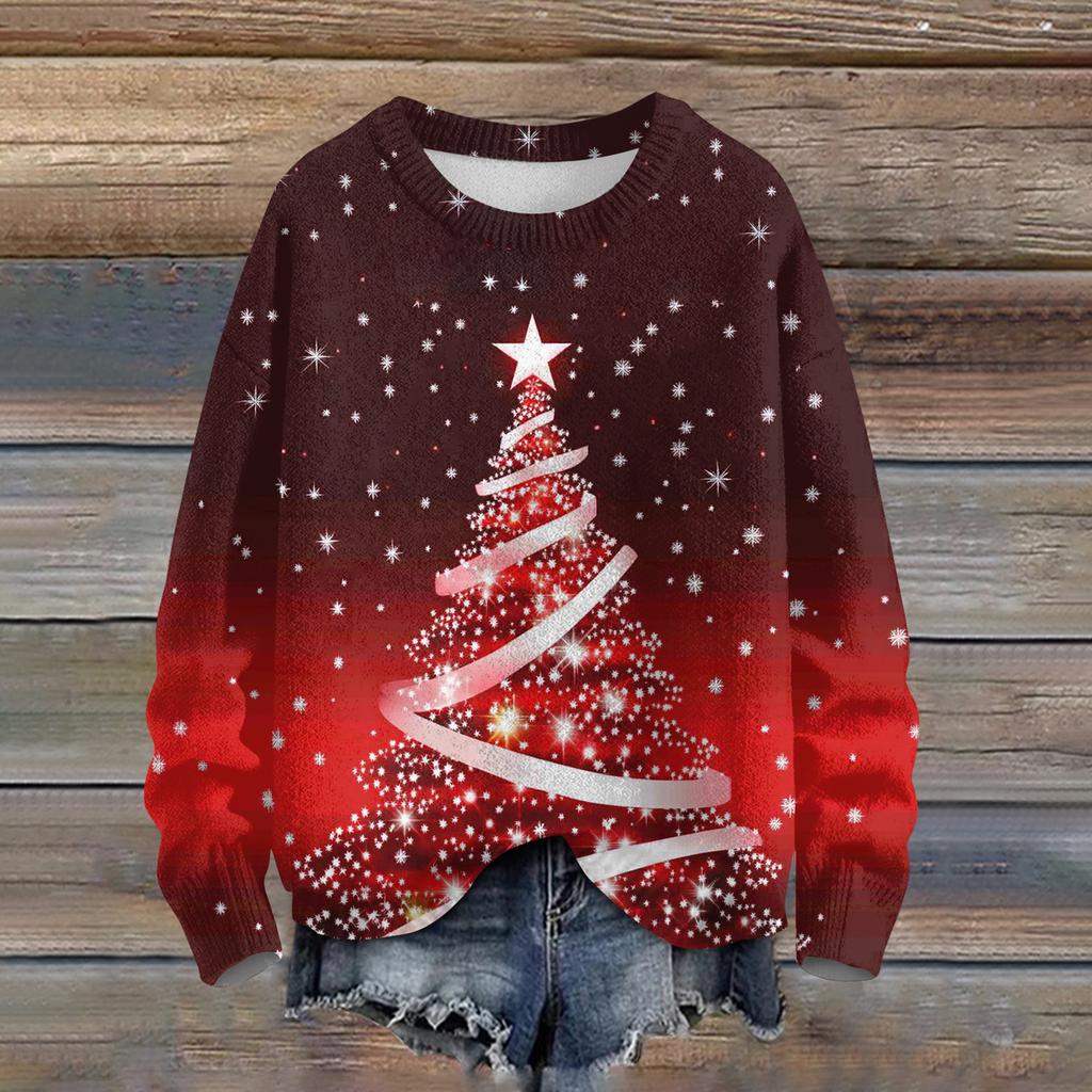 Ladies' Fashionable Casual Long Sleeved Beautiful Christmas Tree Print Round Neck Yarn Knitting