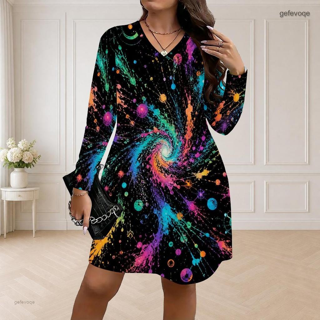 Women Plus Size V Neck Long Sleeve Loose Fit Printed Dress Green Beige Abstract Leaf Pattern