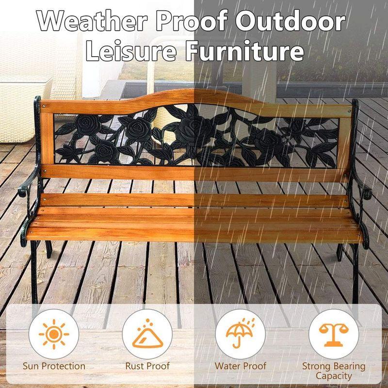 AFSTAR Outdoor Garden Bench, Patio Bench with Large Rose Cast Backrest Amp Comfort Wood Seat, 470 LBS Load Capacity, Weather Pr