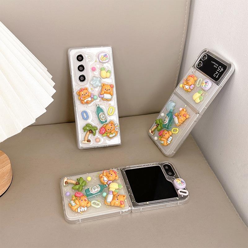 Cute Bear Small Fresh Style Mobile Phone Case for Samsung Zflip6 Clamshell Folding Screen Zfold5 Hard Shell for Women