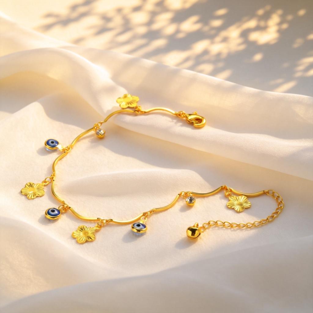 Evil Eye Ankle Bracelets for Women, Gold Plated Flower Leaf Pendant Anklets, Summer Exquisite Foot Jewelry