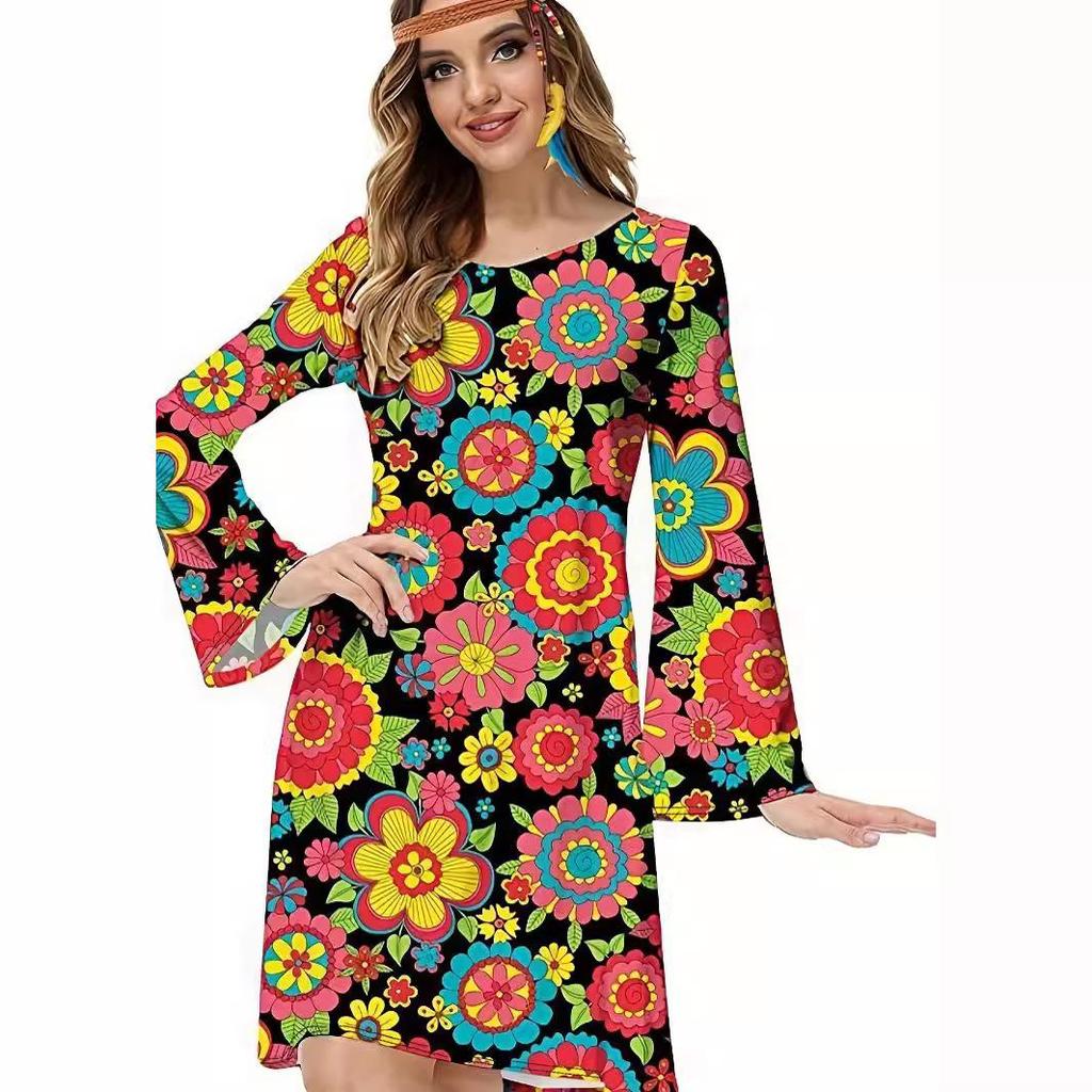 European & American Women's Retro Hippie Dress with Headscarf - Fresh & Sweet Festival Style