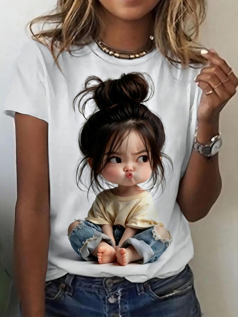 3D Printed Little Girl Graphics T-Shirt for Women Short Sleeves Summer Casual Streetwear O-Neck Tops Oversized Women Clothing