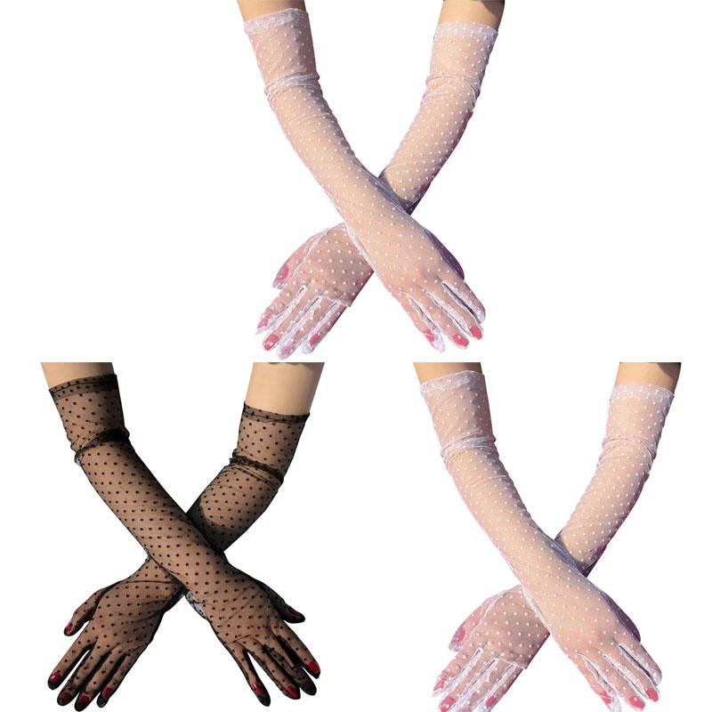 1-4Pair Fashion Women Black White Dot Lace Long Tulle Gloves Bride Wedding Stretchy Full Finger Transparent Thin Lady Mesh Glove