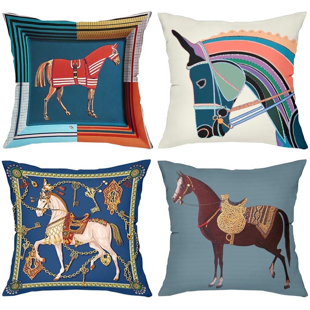 Vier Kissenbezüge mit Pferde-Muster für die Heimdekoration Polyester-Kissenbezug, dekorativer Sofakissenbezug Kopfteilkissen