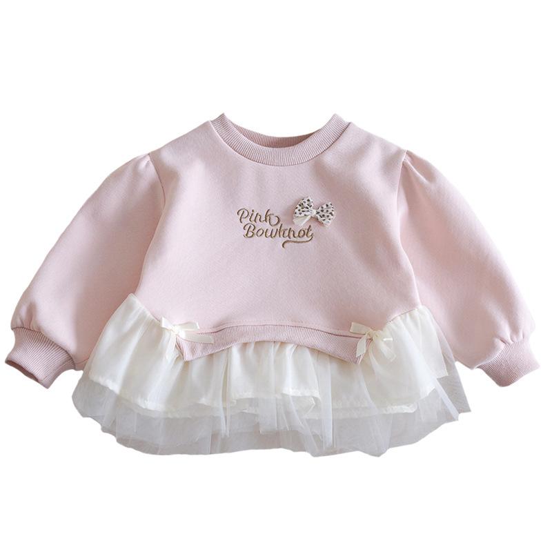 Autumn 25 Lace Trim Korean Style Sweatshirt for Girls - Embroidered Bow Top with Trendy Lettering