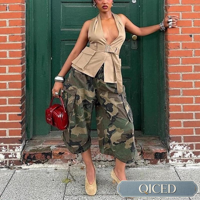 QICED Women's Fashion Casual Solid Color Print Pants & Capris Casual Chic