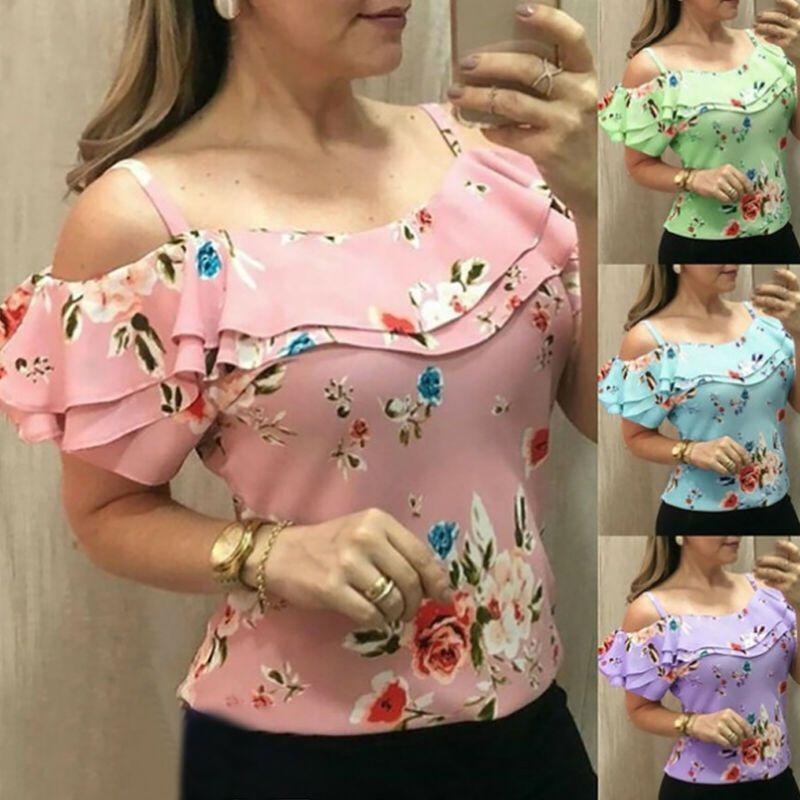 Floral Print Women Cold Shoulder Tops Summer Beach Tank Tops Vest Shirt Blouses