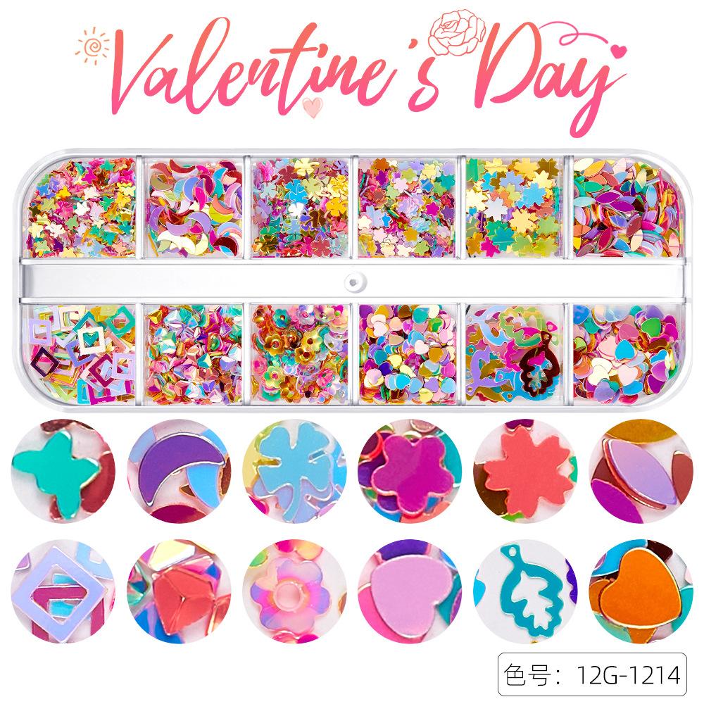 12-Gitter Valentinstag Nailart Pailletten, Glänzende Bunte Liebessterne Sechseckige Pailletten Nailart Schmuck